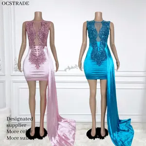 Ocstrade gaun ulang tahun wanita stok tersedia gaun malam bermanik Kelim samping berkilau jaring ikan berlian imitasi korset gaun pesta klub seksi