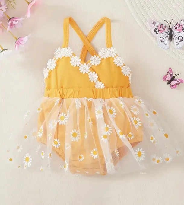 Bebek kız sevimli ayçiçeği örgü askı elbise bahar ve yaz yürümeye başlayan kız yaz Romper elbise için Set