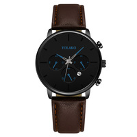 Montre Homme Tendance à Trois Yeux avec Calendrier, Bracelet en Cuir, Mouvement Quartz, Personnalisation Usine, Vente Chaude
