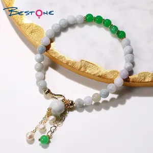 Bpiedra-pulsera de Jade Natural con perlas de agua dulce, abalorio de 6mm con borlas de perlas