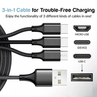 Cable de Carga USB C 3 en 1 con Trenzado de Nailon Resistente, Sin Transferencia de Datos, Función Multipuerto para iPhone/Tipo-C/Android