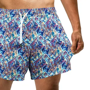 Super Stretch Material Men Swim Trunks Quick Dry Swimwear Beachwear Summer Shorts Woven Fabric With Compression Liner 7 Inches