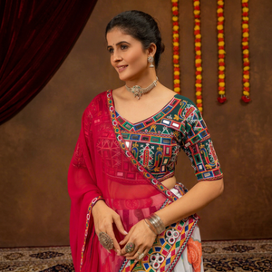 Traditional Indian Georgette <b>Saree</b> Set with Embroidered Blouse <b>Red</b> and Multicolor Design for Wedding Women Regular Fit - Product Image 1