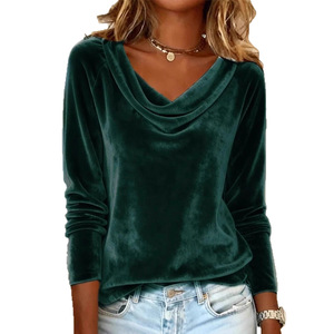 Camiseta de terciopelo de manga larga con cuello drapeado para mujer, estilo sexy y elegante, ajustada y elástica, para otoño e invierno, ideal para dropshipping en Shopify. - Product Image 1