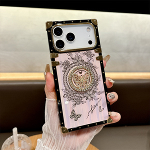 Diamond Square Butterfly Ring holder Phone <b>case</b> for iPhone 17 16 15 14 Pro Max Flower stand Love IMD Rainbow Bracket Back Cover - Product Image 5