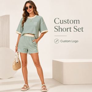 Summer 2 Piece <b>Short</b> <b>Set</b> <b>Women</b> Custom Logo Loose <b>T</b> <b>Shirt</b> <b>and</b> <b>Shorts</b> Outfit OEM - Product Image 1