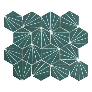 Sunwings Recycled Glass Mosaic Tile | Stock In US | Green Art Deco Hexagon Marble Looks Mosaics Wall And Floor Tile