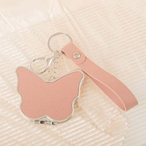 Butterfly Shaped PU Leather Compact <b>Mirror</b> Keychain Leather Strap <b>Lightweight</b> Plastic Frame Folding Dual Sided Pocket Makeup Mir - Product Image 1