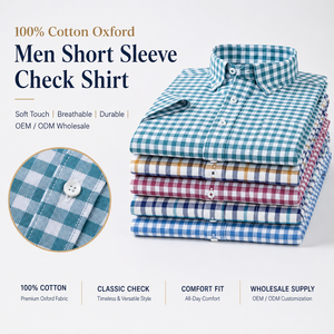 Camicia Oxford 100% Cotone <span class=keywords><strong>Casual</strong></span> da <span class=keywords><strong>Uomo</strong></span> a Quadri a Maniche Corte Antipiega, Taglie 2XL, per Inverno ed Estate - Product Image 1