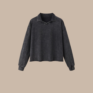 Sweat-shirt polo ample et court en coton pur 380 GSM délavé RUICHI pour homme, style vintage, tendance américaine, col en V discret, décontracté - Product Image 6