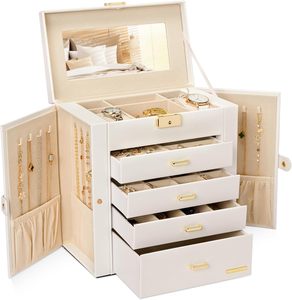 Synthetic Leather Huge Jewelry <b>Box</b> Mirrored Watch Organizer Necklace Ring Earring <b>Storage</b> <b>Lockable</b> Gift Case (White) - Product Image 1