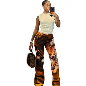 Unique Tiger Print Pants Women Hipster Stunning High Waist Skinny With Button Flare Trousers Female Cool Leggings