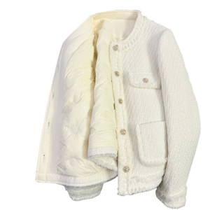 High Quality Ladies <strong>Tweed</strong> <strong>Jackets</strong> Casual <strong>White</strong> Duck Down Lined Outfit Luxury Elegant Winter Woolen Short Blazer Coats for Women - Product Image 6