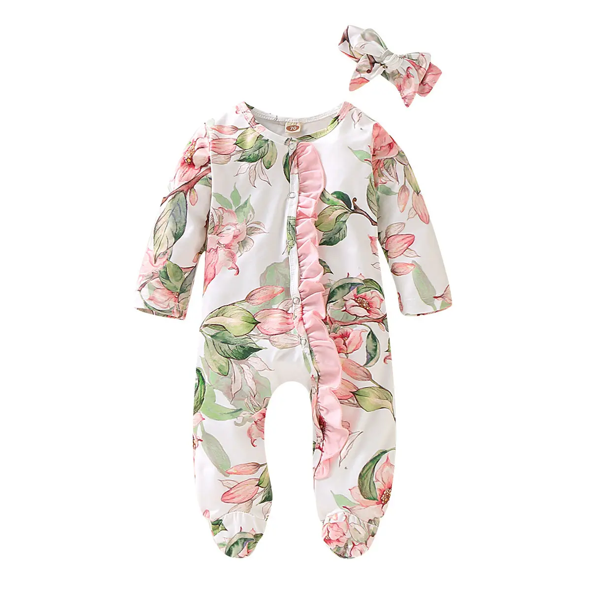 Bahar sonbahar yenidoğan bebek giysileri çiçek baskı bebek kız romper bandı ins ile sıcak satış bebek kız tulum