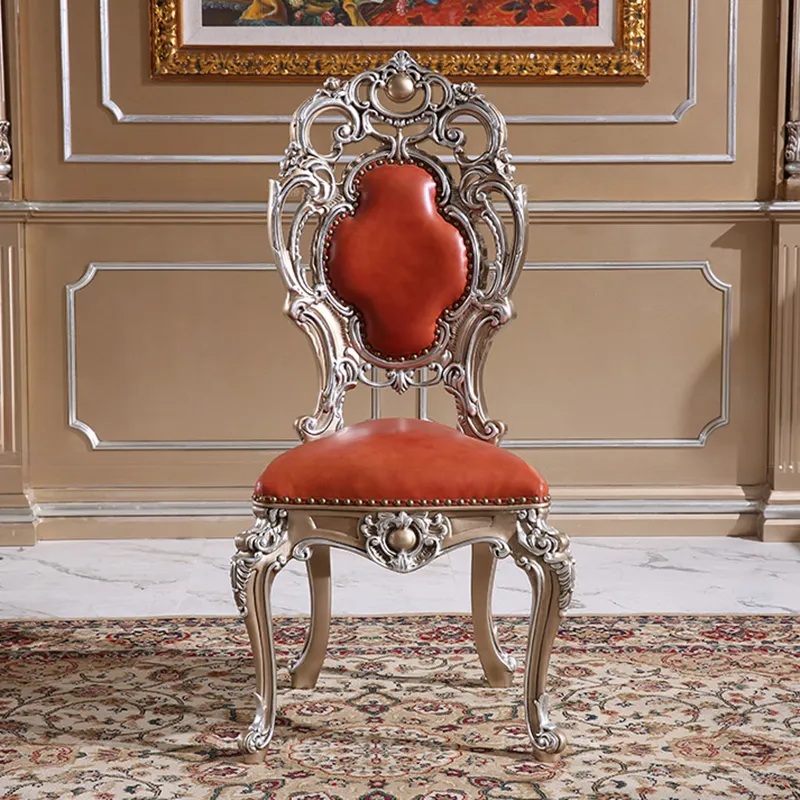 Table à manger et chaise de salle à manger en bois massif sculpté à la main de couleur rouge européenne de luxe