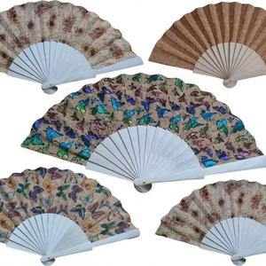 Éventail en écorce de bois de matière première écologique de 23cm avec motifs multiples Papillons Fleurs Cadeaux solides pour événements - Product Image 1
