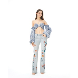 Pantalones Vaqueros de Mujer de Cintura Alta con Bordado Floral, Pantalones Anchos con Bordado Floral, Transpirables, de Marca - Product Image 5