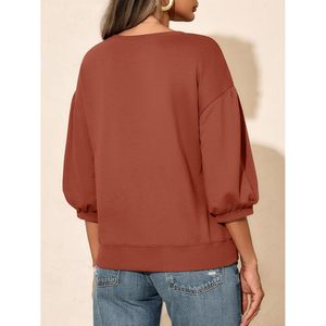 Sudadera de cuello redondo para mujer, manga abullonada, corte holgado, color marrón, informal, para otoño - Product Image 3