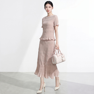 Korean Women's Short Sleeve Pleated Long <b>Dress</b> Set With <b>Ruffles</b> O-Neck Elegant Spring Summer Solid Color Breathable Regular Fit - Product Image 5