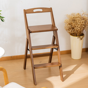 <b>Foldable</b> <b>Step</b> Stool Three <b>Step</b> Wooden Portable Kitchen <b>Ladder</b> Chair Bar Stool - Product Image 1