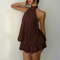WY507001 Nouvelle Robe Courte Femme Tendance 2026 pour Vacances, Coupe Ajustée, Sexy, Dos Nu, Col Halter, Taille Nouée, Jupe Courte Bouffante