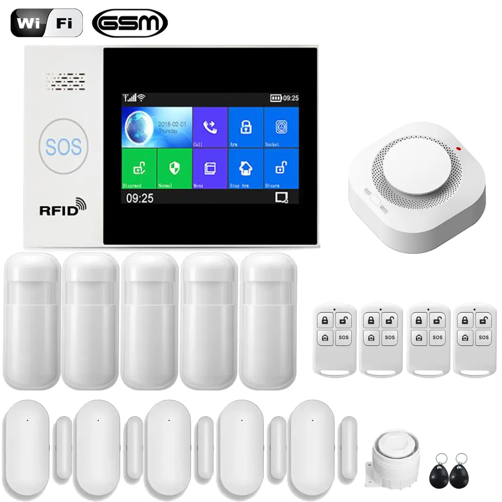 Wifi GSM Wireless Intrusion GSM House Alarm Anti Theft Alarm System for Mobile APP Control With Smoke Detector