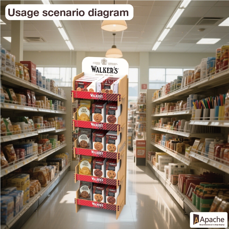 Apache Customized Portable Wooden Floor Stand Cookie Biscuits Snack Display Rack for Store Retail Floor Display Rack — view 6