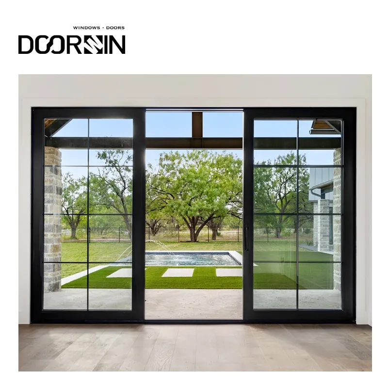Doorwin Échantillon gratuit Portes en verre trempé en alliage d'aluminium avec grille design acier aluminium noir porte coulissante