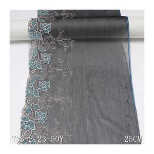 高品质25厘米Voile蕾丝涤纶银线刺绣蕾丝黑色柔软网眼面料