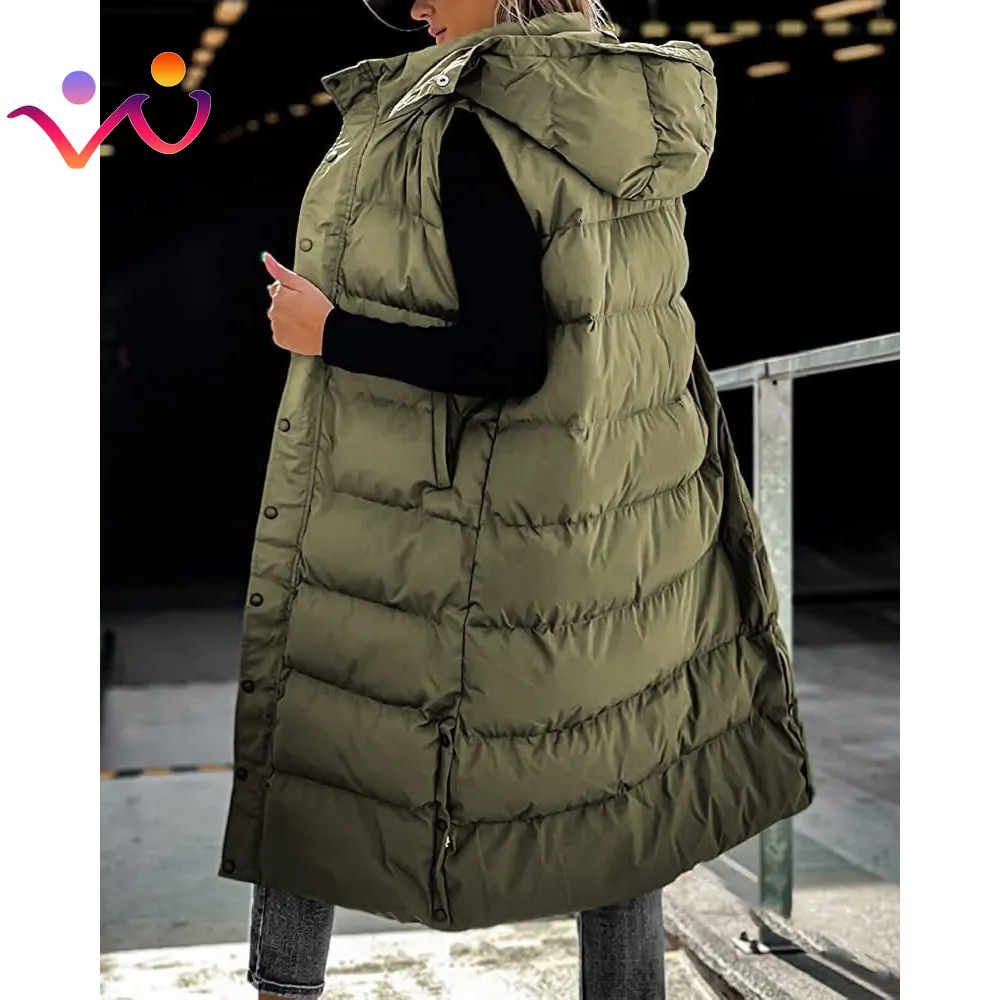 2023 automne hiver couleur unie longue doudoune décontracté simple boutonnage gilet Feminina longue bouffante femmes à capuche gilet