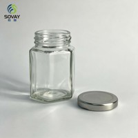 Pot en verre hexagonal mince de 100 ml à col fileté, avec couvercle, pour aliments, idéal pour le beurre de noix et les confitures de fruits