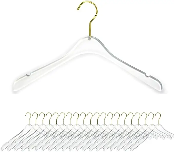 Оптовая продажа, прозрачная Высококачественная вешалка для пальто, бутиковая прозрачная акриловая вешалка для одежды с золотым крючком