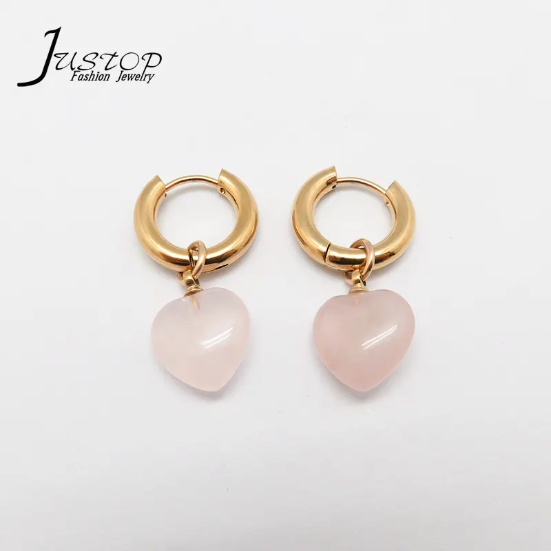 Stainless Steel 18K Gold Plated Heart Shape Natural Pink Stone Hoop Earrings With Rose Quartz