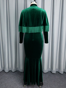 Robe de soirée longue en velours à manches longues avec cape, à franges vertes, pour Noël, modèle AM050848 - Product Image 6