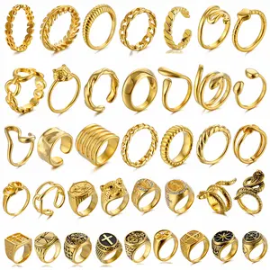 2024 New Trendy 60+ Styles 18K Gold Plated Shinny Custom Signet Rings Snake Open Adjustable Fashion Knuckle Ring Jewelry