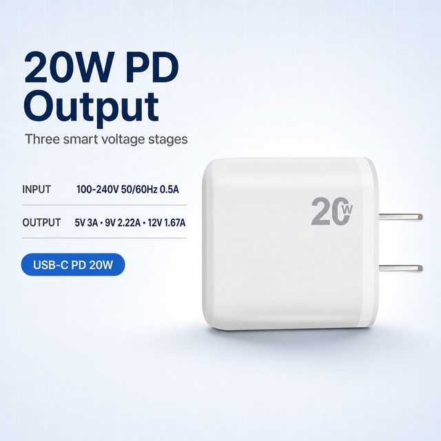 PD 20W USB-C Wall Charger with USB-A & USB-C Ports Fast Charging US Plug Over-Charging Protection