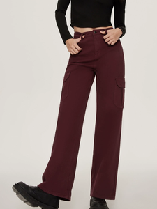 OEM OED femmes Bourgogne taille haute ample Baggy jambe large coton <span class=keywords><strong>jean</strong></span> avec fermeture éclair Rivet Cargo poche décontracté imprimé formel - Product Image 2