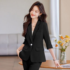 Women's Blue Professional Suit <b>Set</b> Three Quarter Sleeve <b>Blazer</b> Office Lady Spring Anti Wrinkle Polyester Fabric - Product Image 3