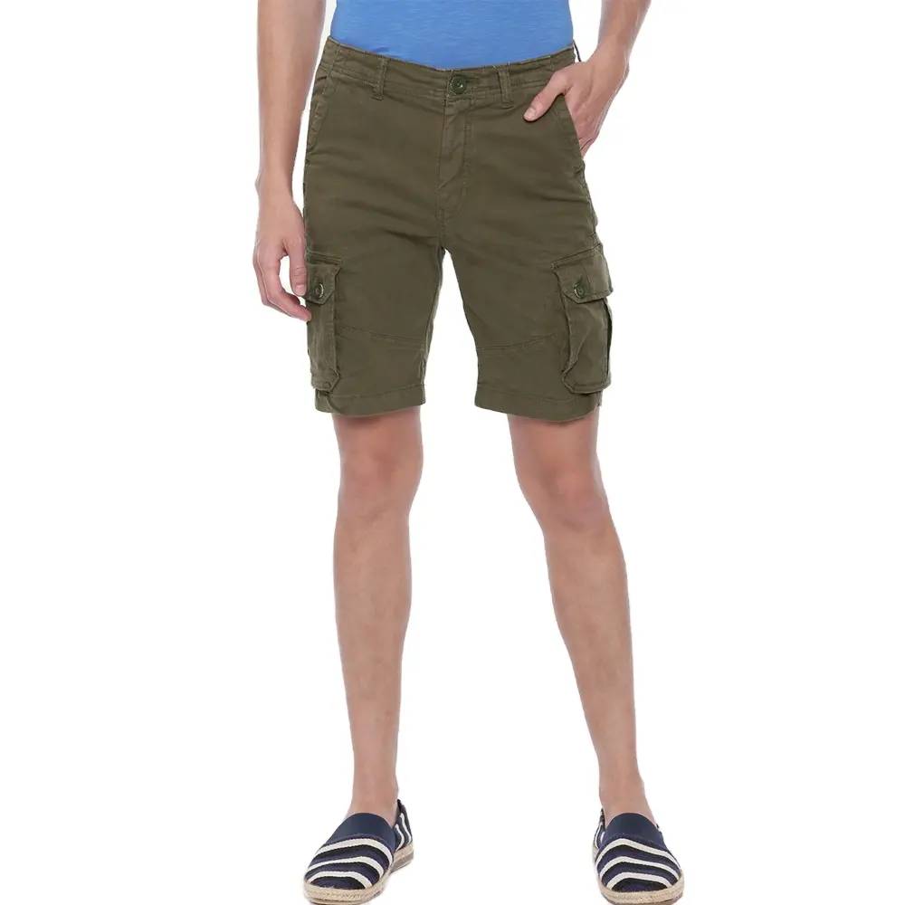 wholesale summer men's woven multiple pockets elastic waist utility Army Green cargo shorts for men