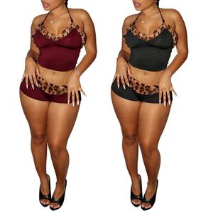 Sexy Lacing Short <b>Tops</b> Shorts Leopard Splicing Milk Silk Women's 2 Piece Set Fashion - Product Image 1