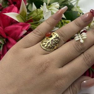 Red Onyx Tree Of Life Stone <b>Ring</b> Brass <b>Gold</b> Plated Red Gemstone Oval Gemstone <b>Ring</b> Hollow Bulk Statement Jewelry - Product Image 1