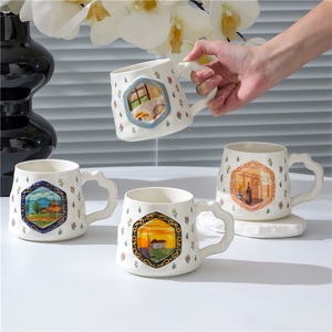 Tasse à eau en céramique peinte à la main de style nordique vintage, mugs uniques, mugs esthétiques, tasse à café avec couvercle - Product Image 4