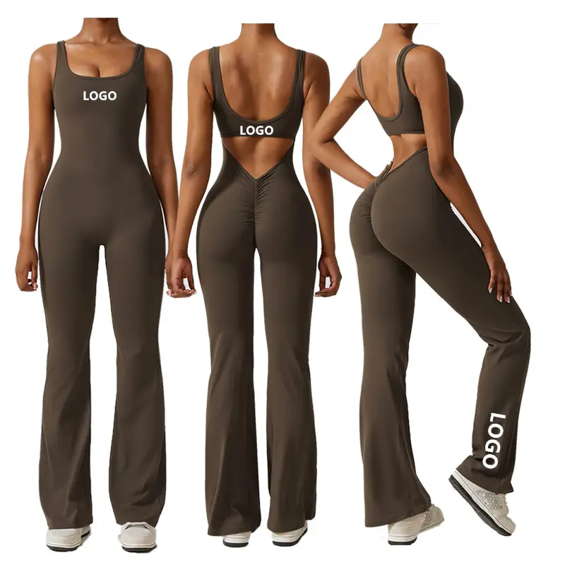 Produk kebugaran Gym 2023 pakaian olahraga wanita 2023 satu potong set Legging suar punggung terbuka scrunch butt romper bodycon jumpsuit