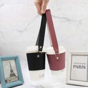 Porte-gobelet pliable réutilisable à trois couches en cuir PU avec sangle de transport, porte-boissons portable pour café froid/chaud et eau - Product Image 2