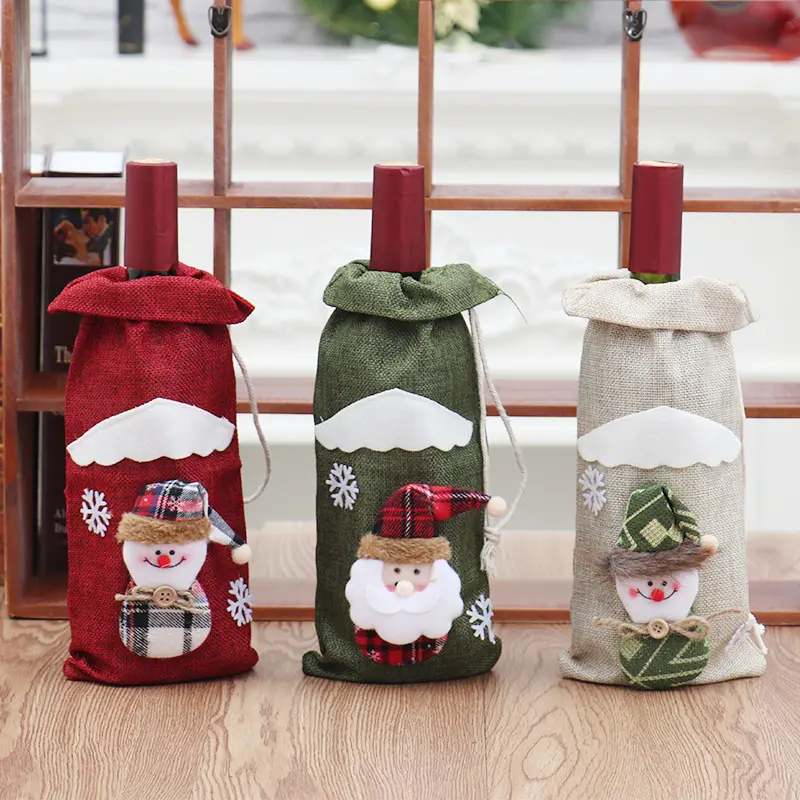 Christmas Linen Burlap Wine Bottle Bag Burlap Packaging Pouch Cover Wine Bottle Gift Bag With Drawstring Xmas Decoration