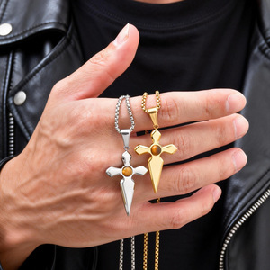 Collier Croix de Dague en Acier Inoxydable 316L pour Hommes et Femmes, Pendentif Épée à Pointe Œil de Tigre, Chaîne Gothique Religieuse en Or 18K, <span class=keywords><strong>Bijoux</strong></span> - Product Image 6