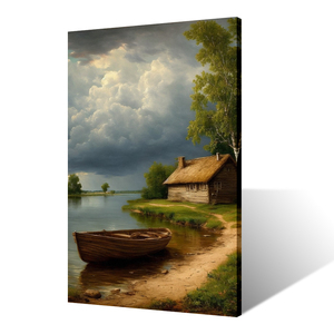 Stampa Artistica Moderna B&C ART con Paesaggio di Casa al Lago, Barca Vintage in Legno, <span class=keywords><strong>Riflessi</strong></span> Tranquilli sull'Acqua, Ispirata alla Natura ed Ecologica - Product Image 2
