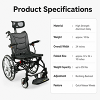 Fauteuil roulant portable AndCare en aluminium 18'' 20'' 22'' pour personnes âgées et handicapées - Matériel de réadaptation