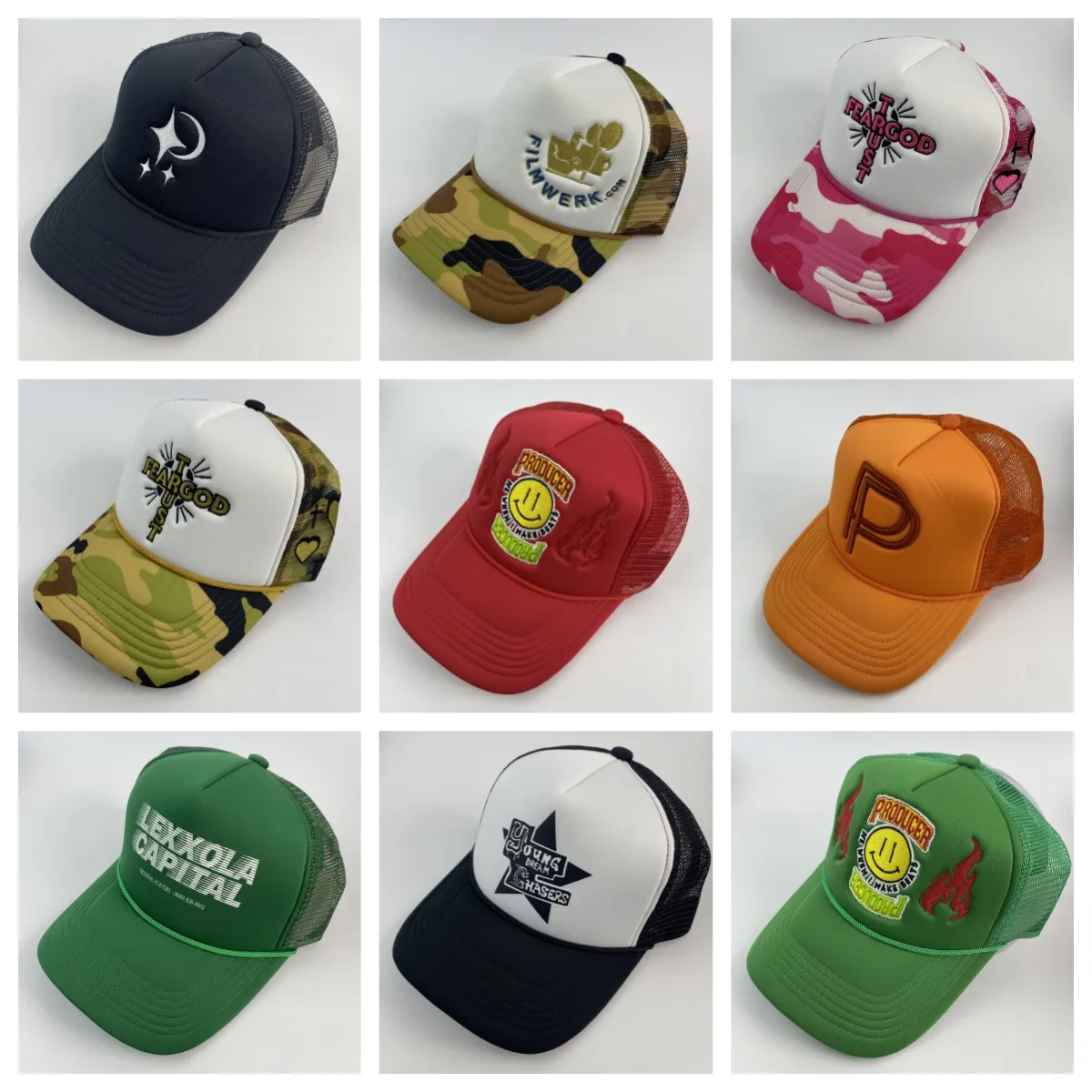 HN0001 Großhandel individuelle Designer hohe Qualität Herren 5 Panel 3D-Stickerei Logo Baumwoll-Schaum-Gitter Kappe Trucker-Huf mit Seil