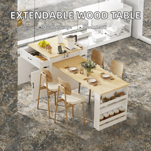 Îlot de cuisine extensible en bois massif, table à manger avec rangement double face, 2 tiroirs, prises électriques latérales, étagères, résistant à l'eau, moderne - Product Image 2
